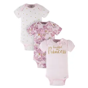 3-Pack Baby Girls Floral Princess Short Sleeve Onesies Bodysuits