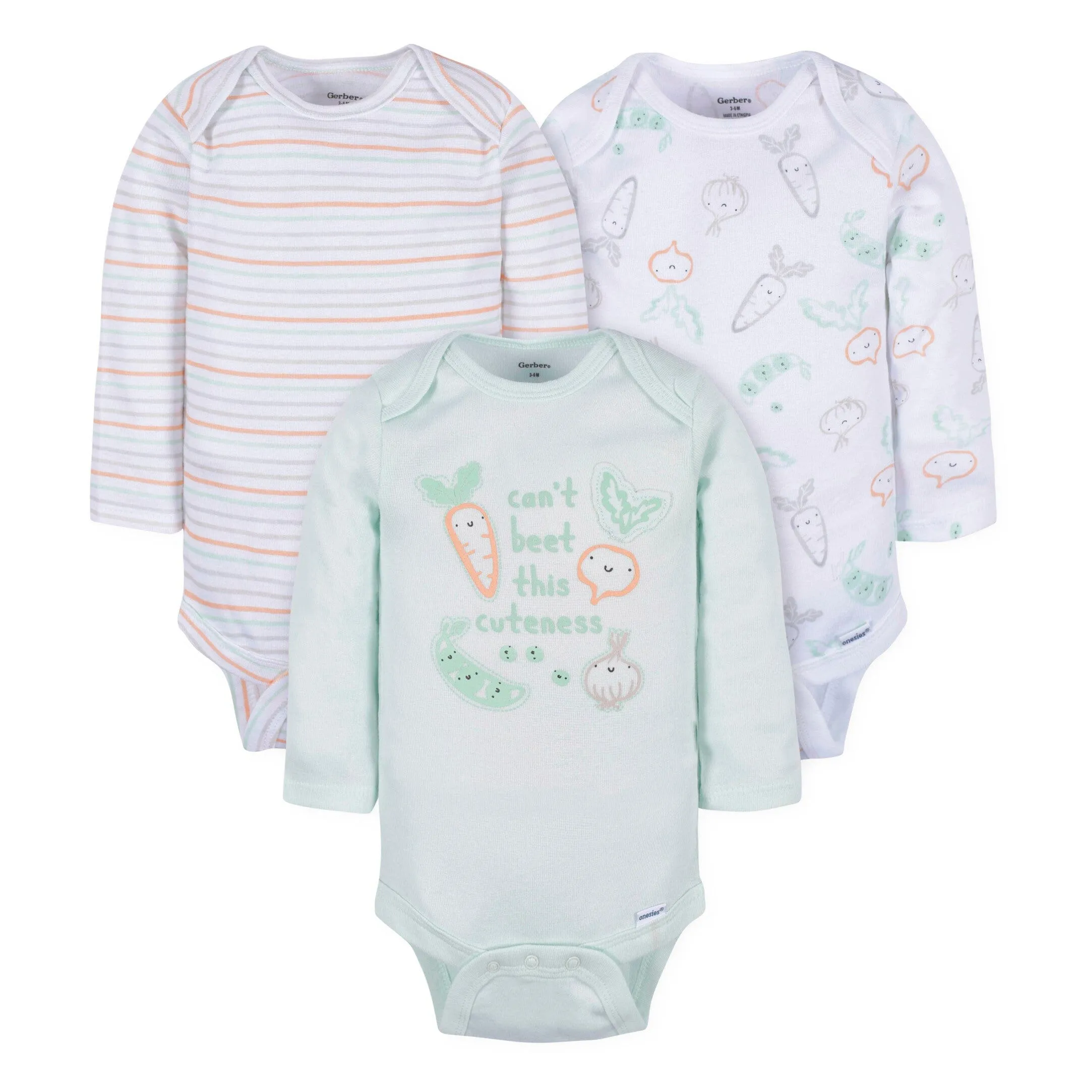 3-Pack Baby Neutral Vegetables Long Sleeve Onesies Bodysuits