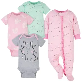 4-Piece Baby Girls Bunny Onesies Bodysuits & Sleep 'N Play Set