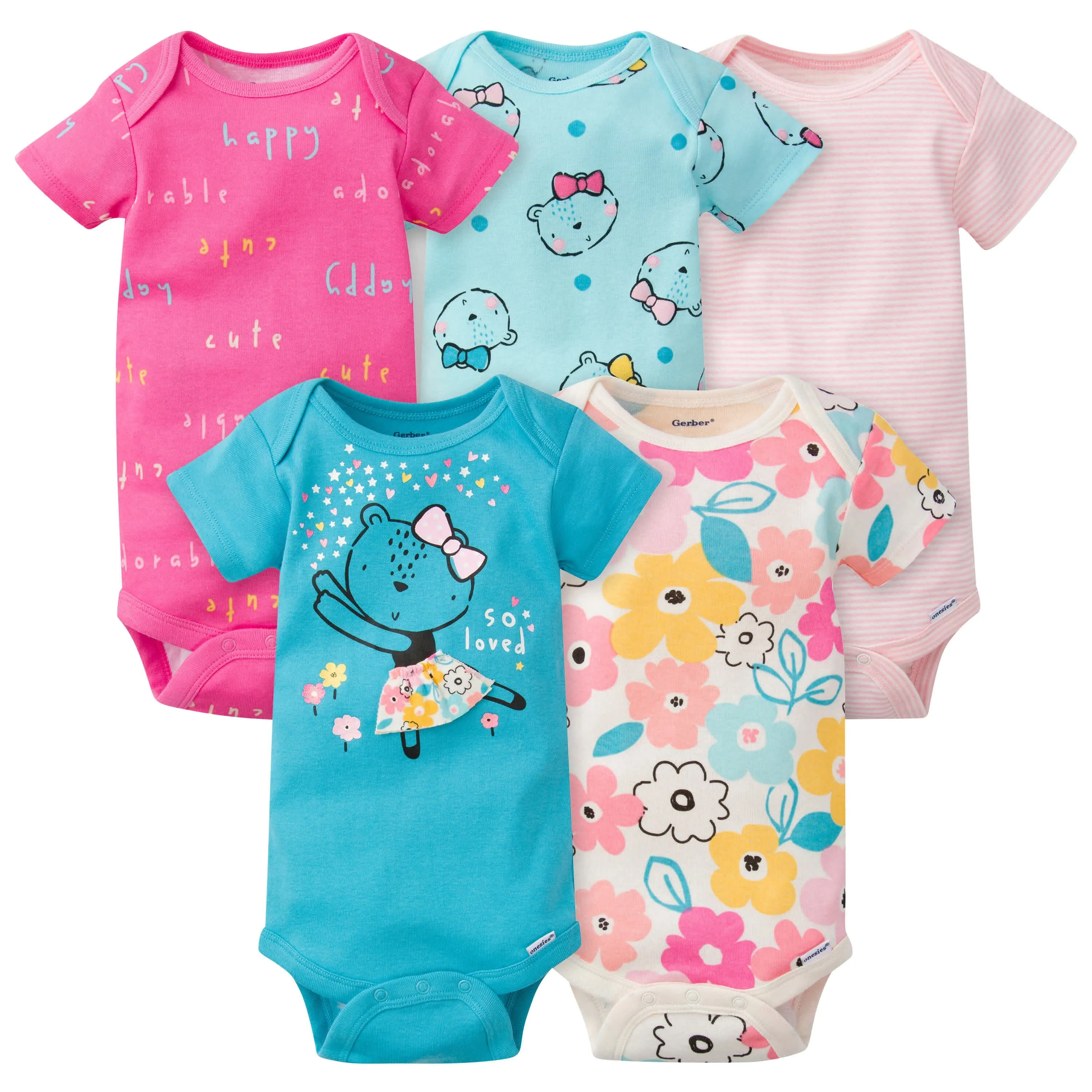 5-Pack Baby Girls Bear Short Sleeve Onesies Bodysuits