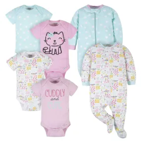 6-Piece Baby Girls Cuddly & Cat Onesies Brand Bodysuit & Sleep N' Play Set