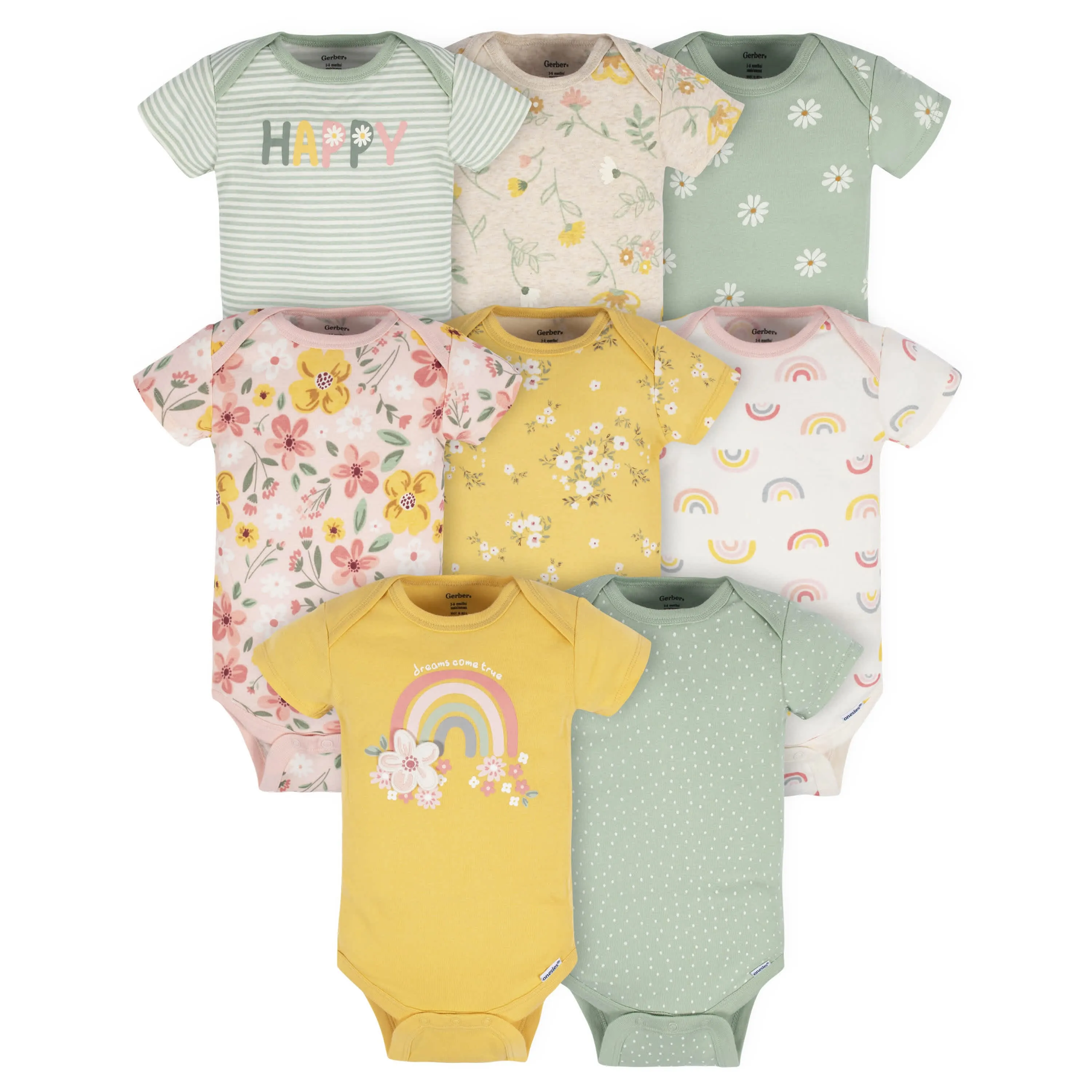 8-Pack Baby Girls Golden Floral Onesies Bodysuits