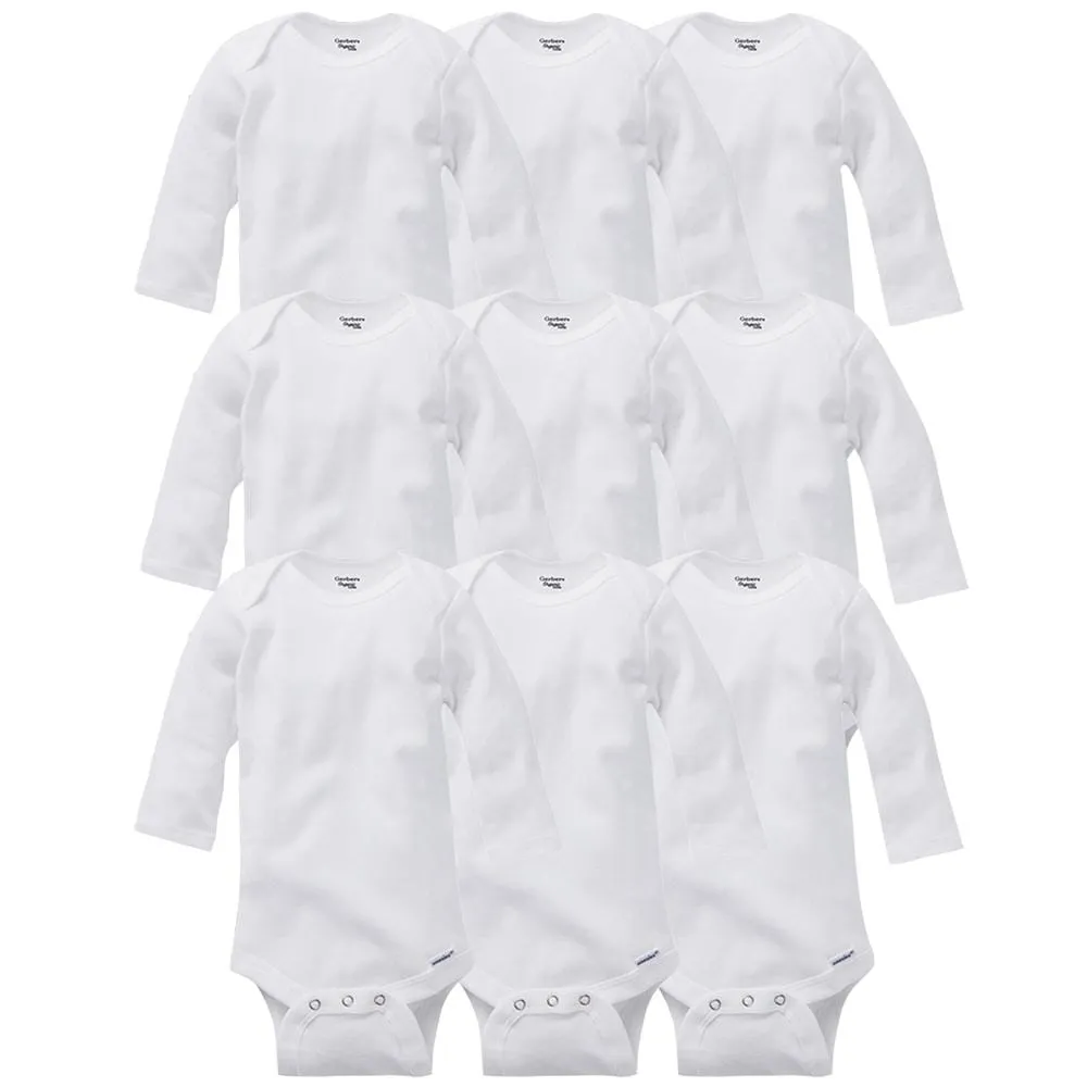 9-Piece White Organic Long Sleeve Onesies Bodysuits Grow With Me Set