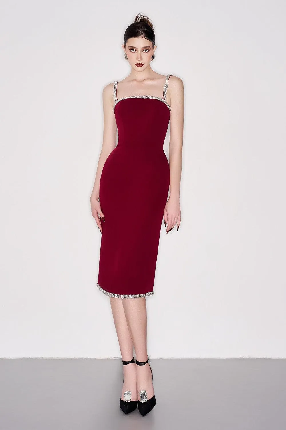 Acosta Sheath Square Neck Crepe Below The Knee Dress