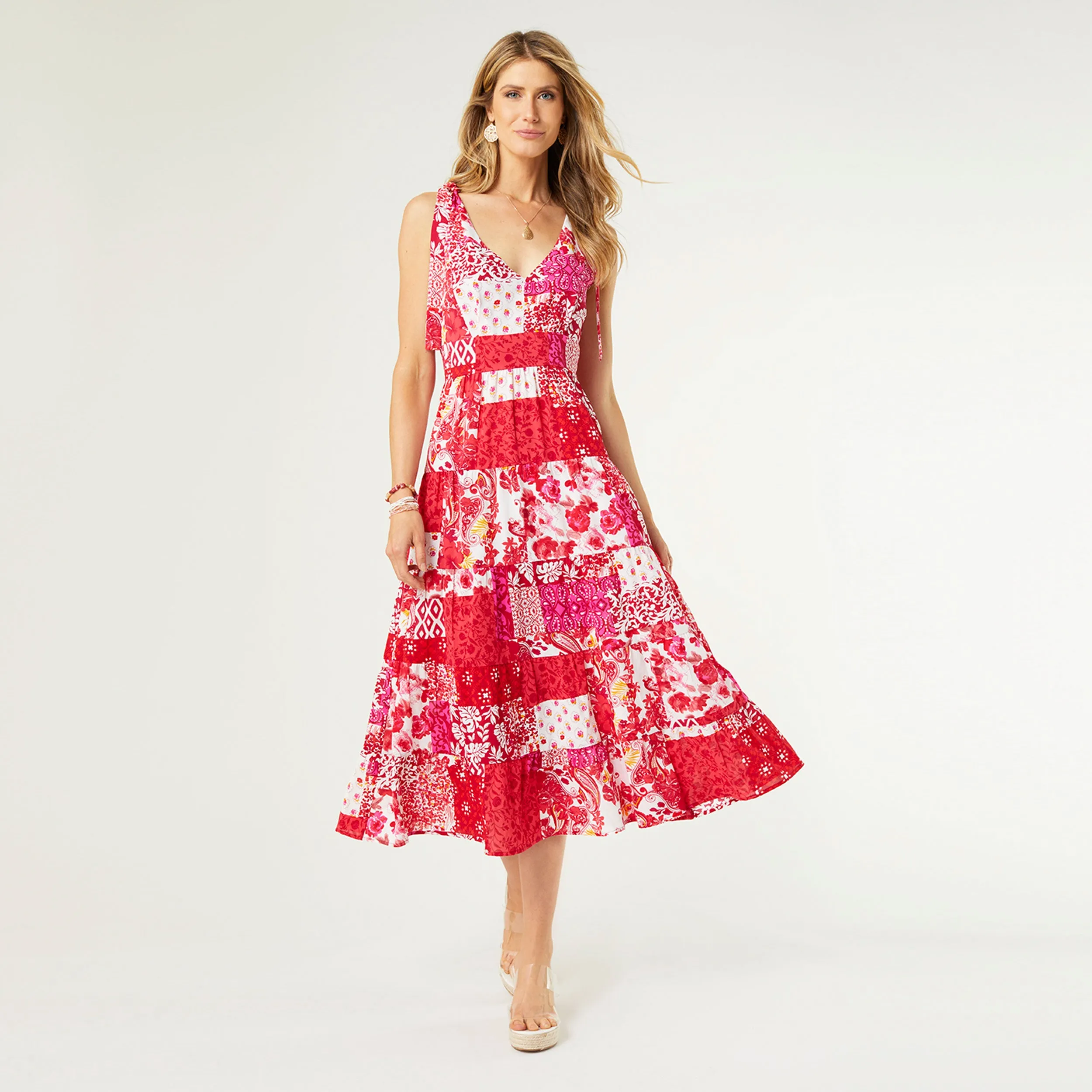 Adeline Tie Shoulder Tiered Dress - Pink/Red - Final Sale