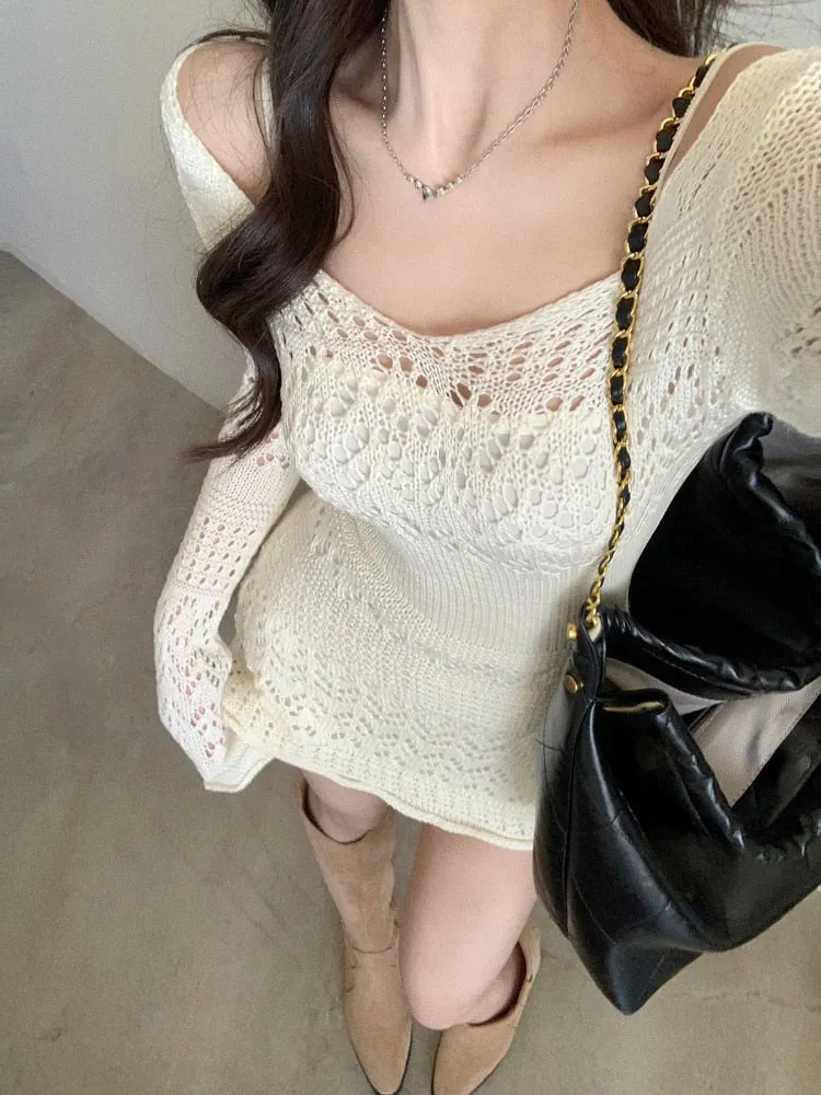 BerryBetty - Autumn Elegant Knitted Dress Women Long Sleeve Lace Short Party Dress Korea Fashion Slim Sexy Y2k Mini Dress Female Vintage