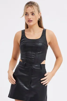 Black Faux Leather Corset Sleeveless Scoop Neck Stretch