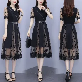 Black Patchwork Mesh Pleated Floral Dress Women Vintage Short Sleeve Belted Midi Party Dresses Vestidos De Mujer Casual Elegante