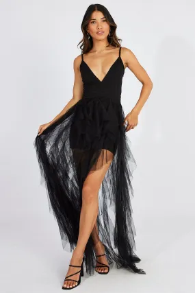 Black Tulle Maxi Dress Tiered Ruffles Plunging Dress