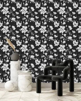 Black Wallpaper with White Flowers