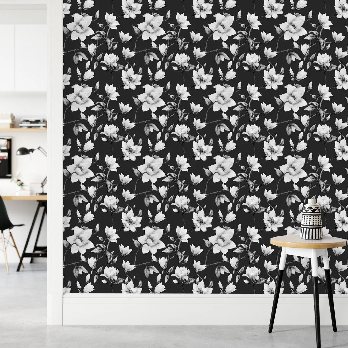 Black Wallpaper with White Flowers