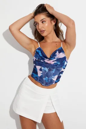 Blue Abstract Corset Top Sleeveless Cowl Neck Crop Mesh