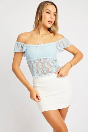 Blue Lace Top Sleeveless Ribbon Trim