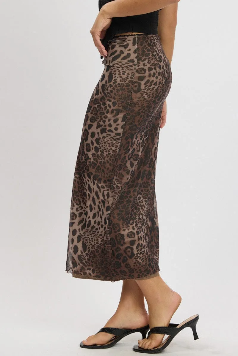 Brown Animal Print Mesh Skirt Elasticated Picot Trim Midaxi