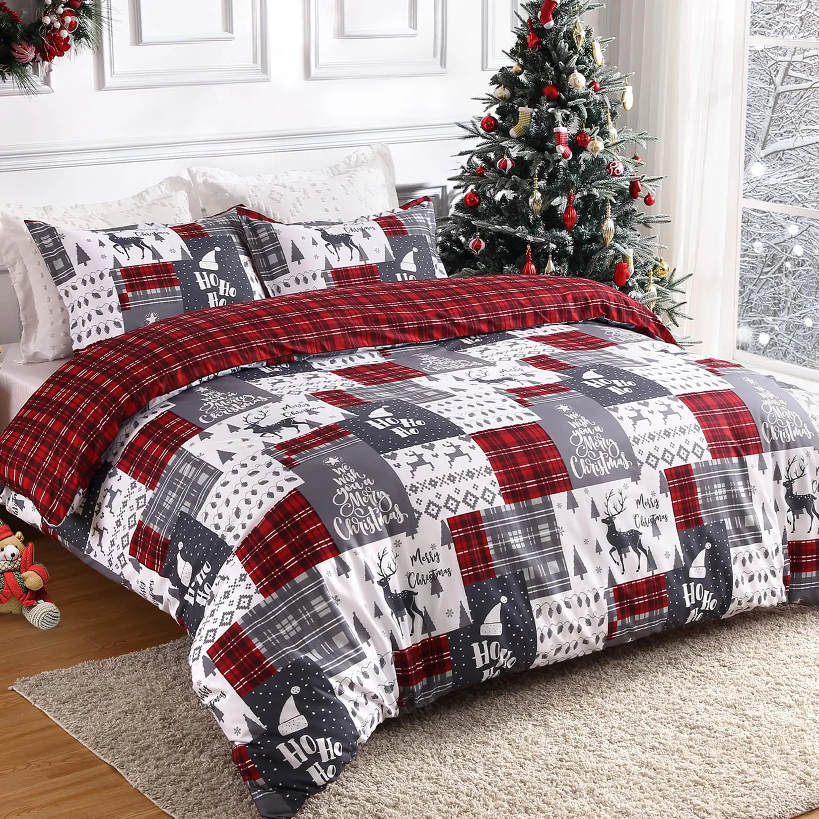 CAROMIO Christmas Duvet Cover King, Soft Microfiber Red Duvet Covers, Reversible Printed Comforter Cover Set Christmas Holiday Decorative Bedding (Christmas Plaid, King)