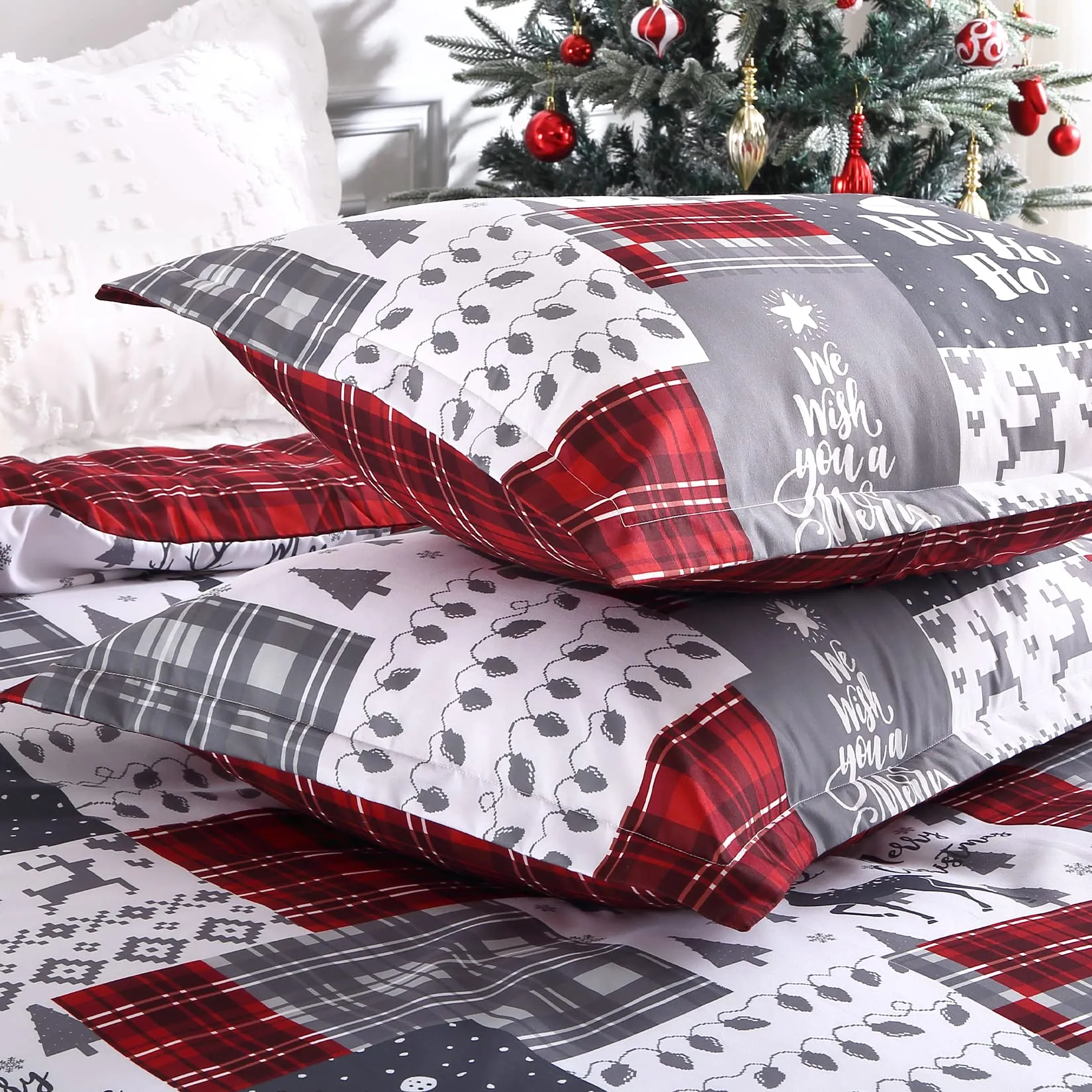 CAROMIO Christmas Duvet Cover King, Soft Microfiber Red Duvet Covers, Reversible Printed Comforter Cover Set Christmas Holiday Decorative Bedding (Christmas Plaid, King)