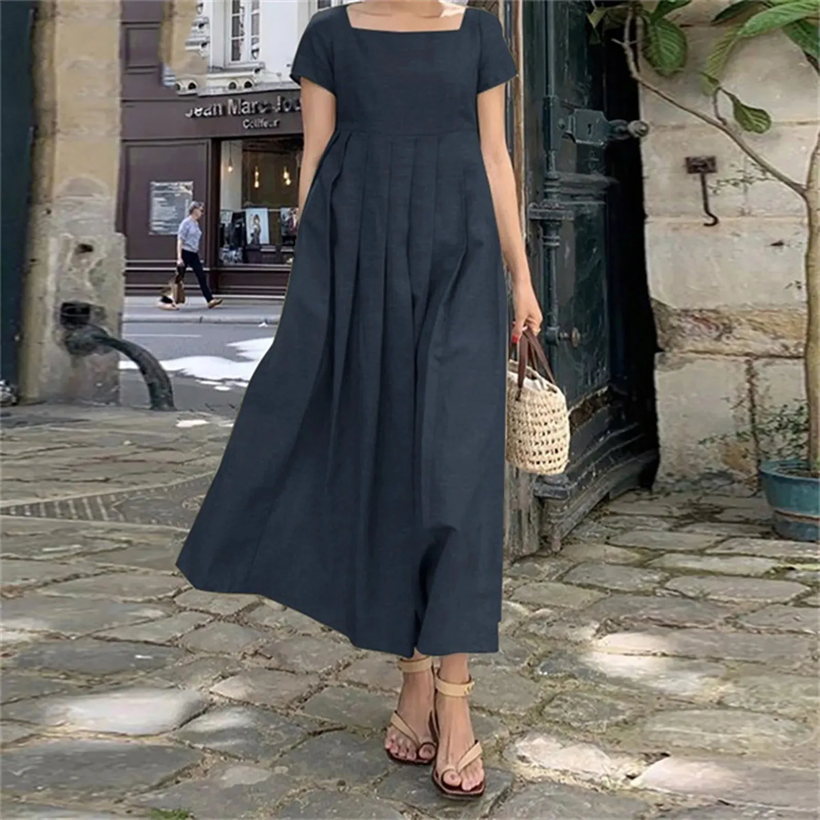 Casual Solid Color Square Collar Cotton Linen Swing Party Midi SunVestidos Dress