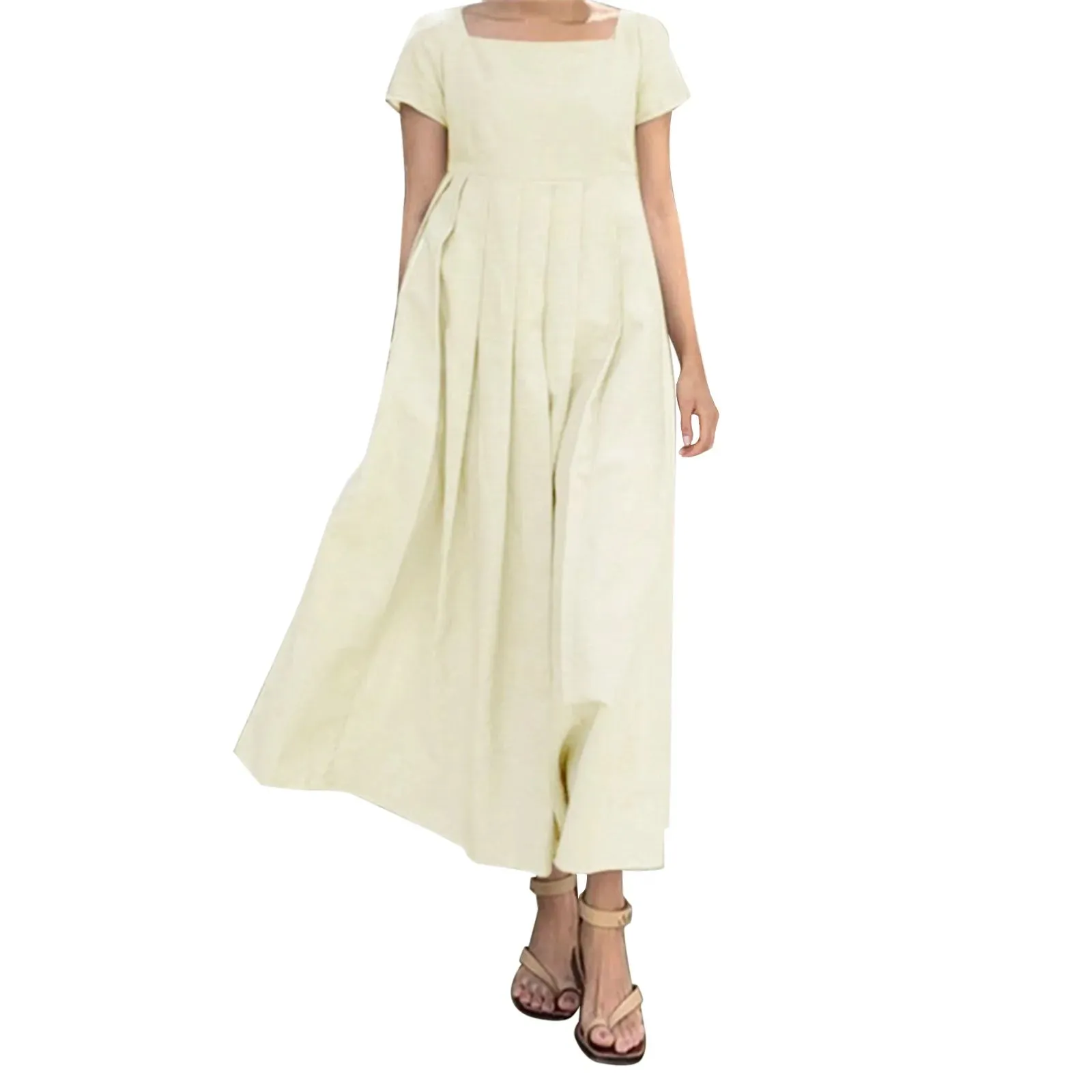 Casual Solid Color Square Collar Cotton Linen Swing Party Midi SunVestidos Dress