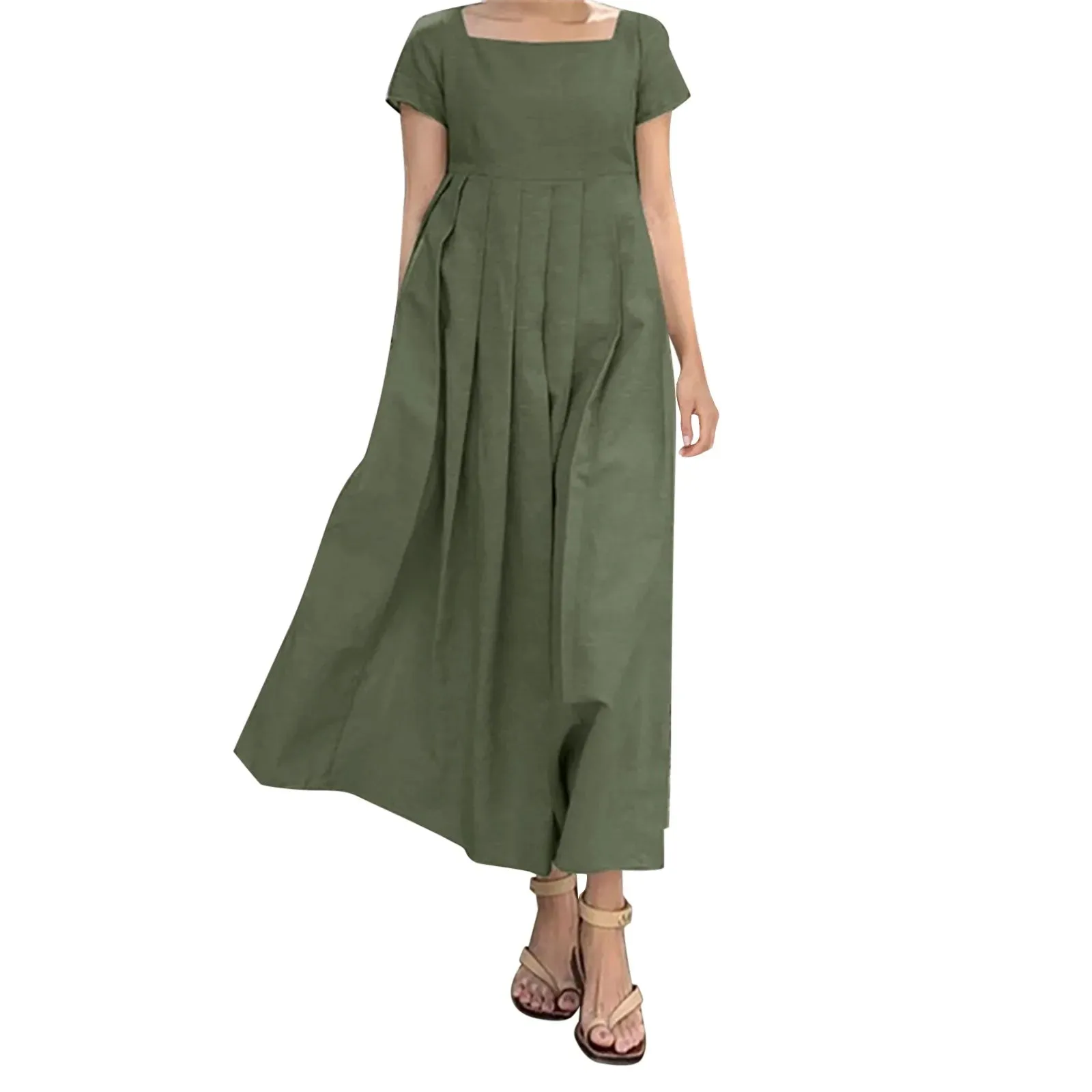 Casual Solid Color Square Collar Cotton Linen Swing Party Midi SunVestidos Dress