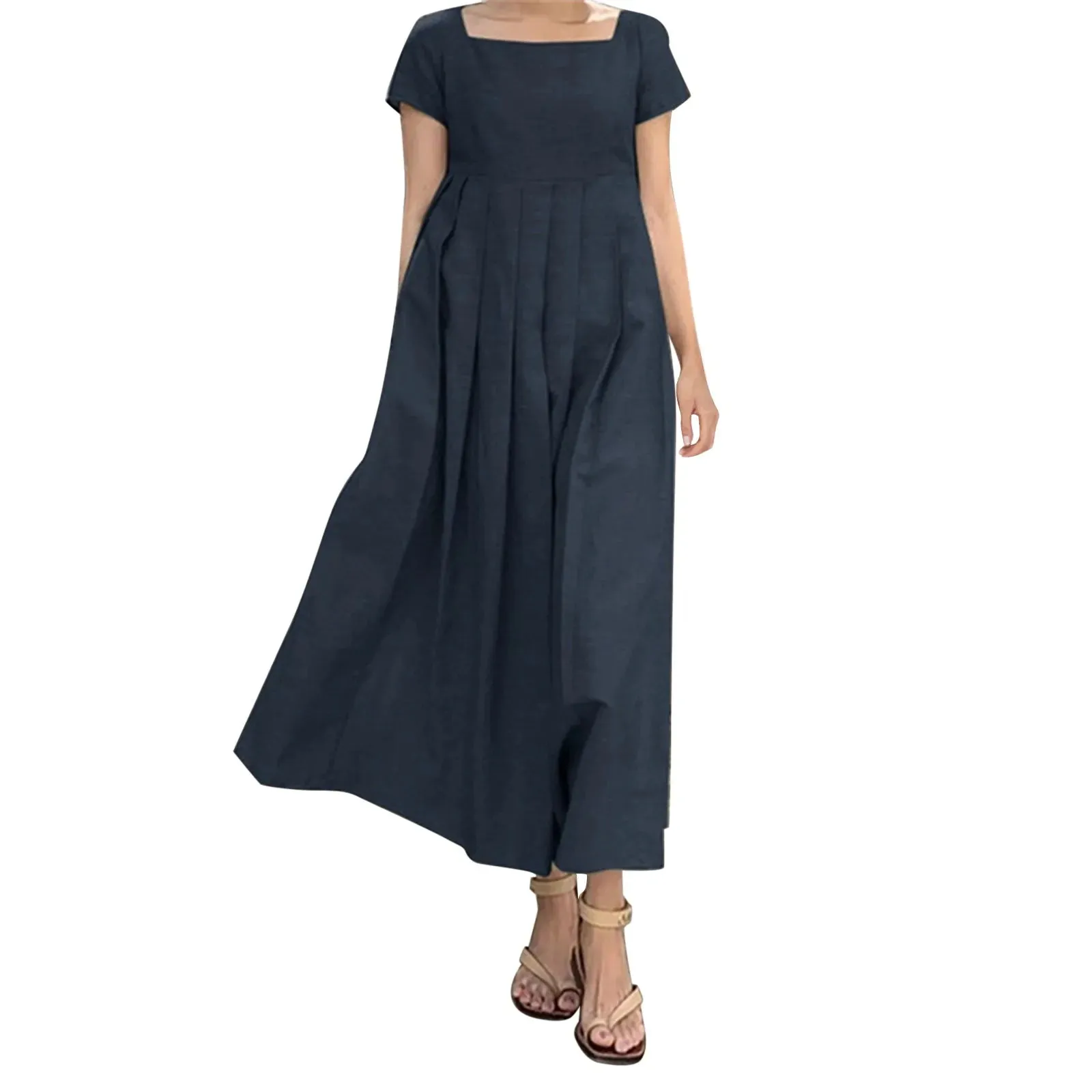 Casual Solid Color Square Collar Cotton Linen Swing Party Midi SunVestidos Dress