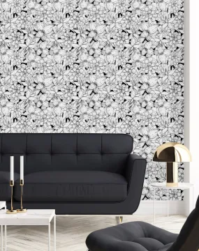 Contemporary Black and White Floral Wallpaper Smart