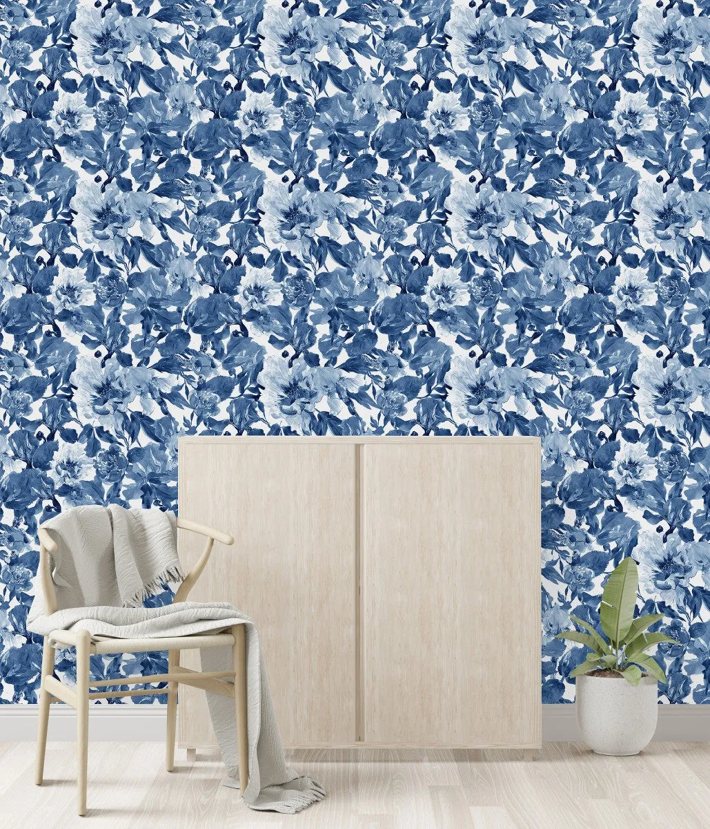 Contemporary Dark Blue Floral Wallpaper Chic