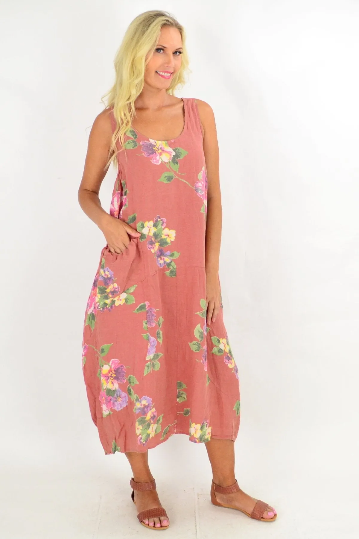 Dark Salmon Hibiscus Linen Tunic Maxi Dress