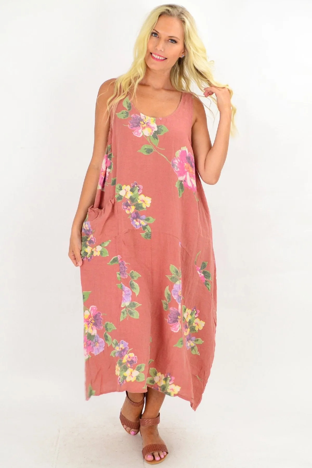 Dark Salmon Hibiscus Linen Tunic Maxi Dress