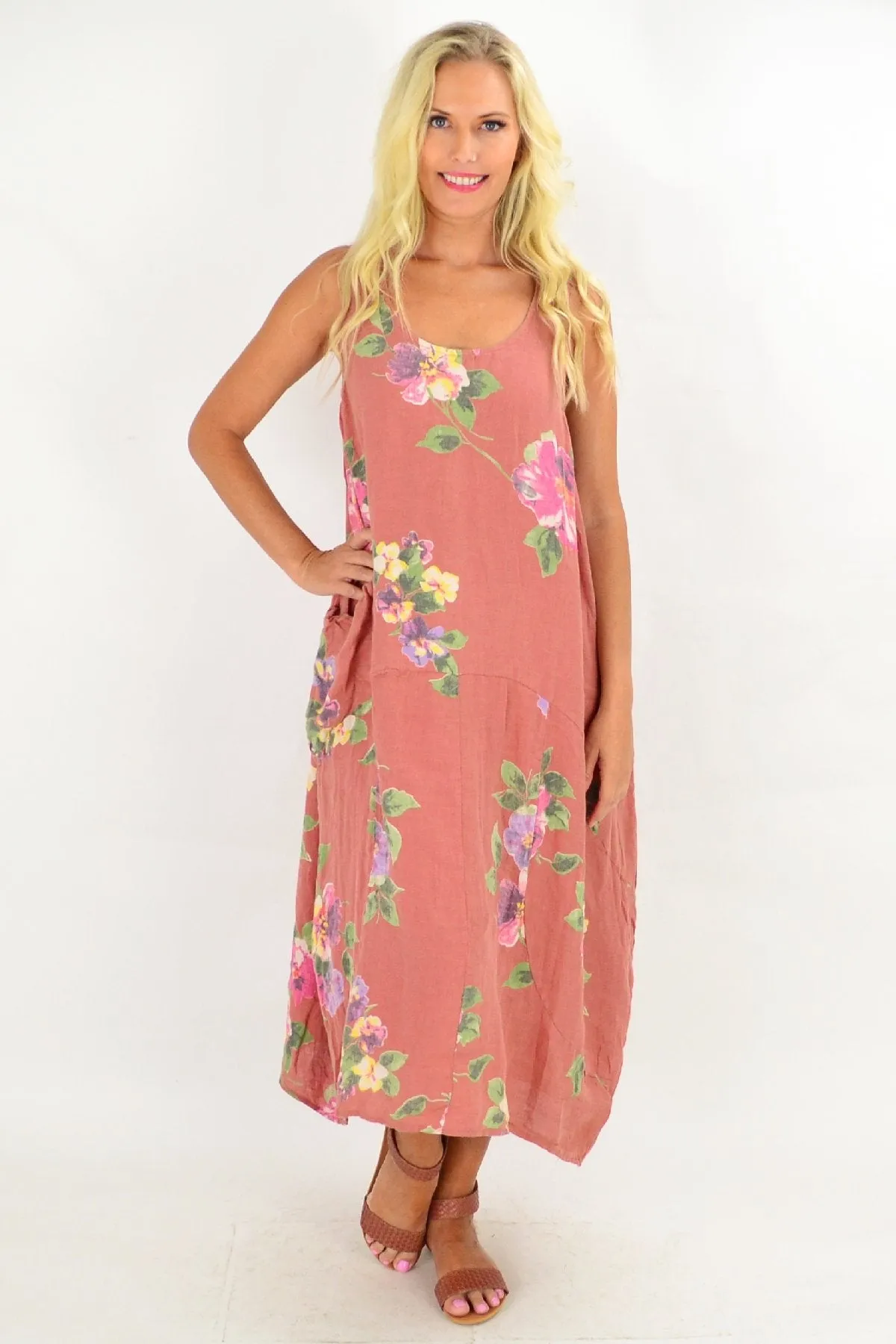 Dark Salmon Hibiscus Linen Tunic Maxi Dress