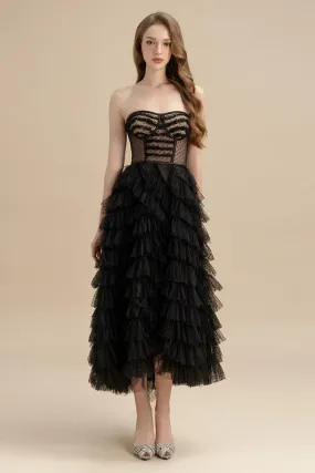 Delta Layered Semi-Heart Neck Tulle Midi Dress