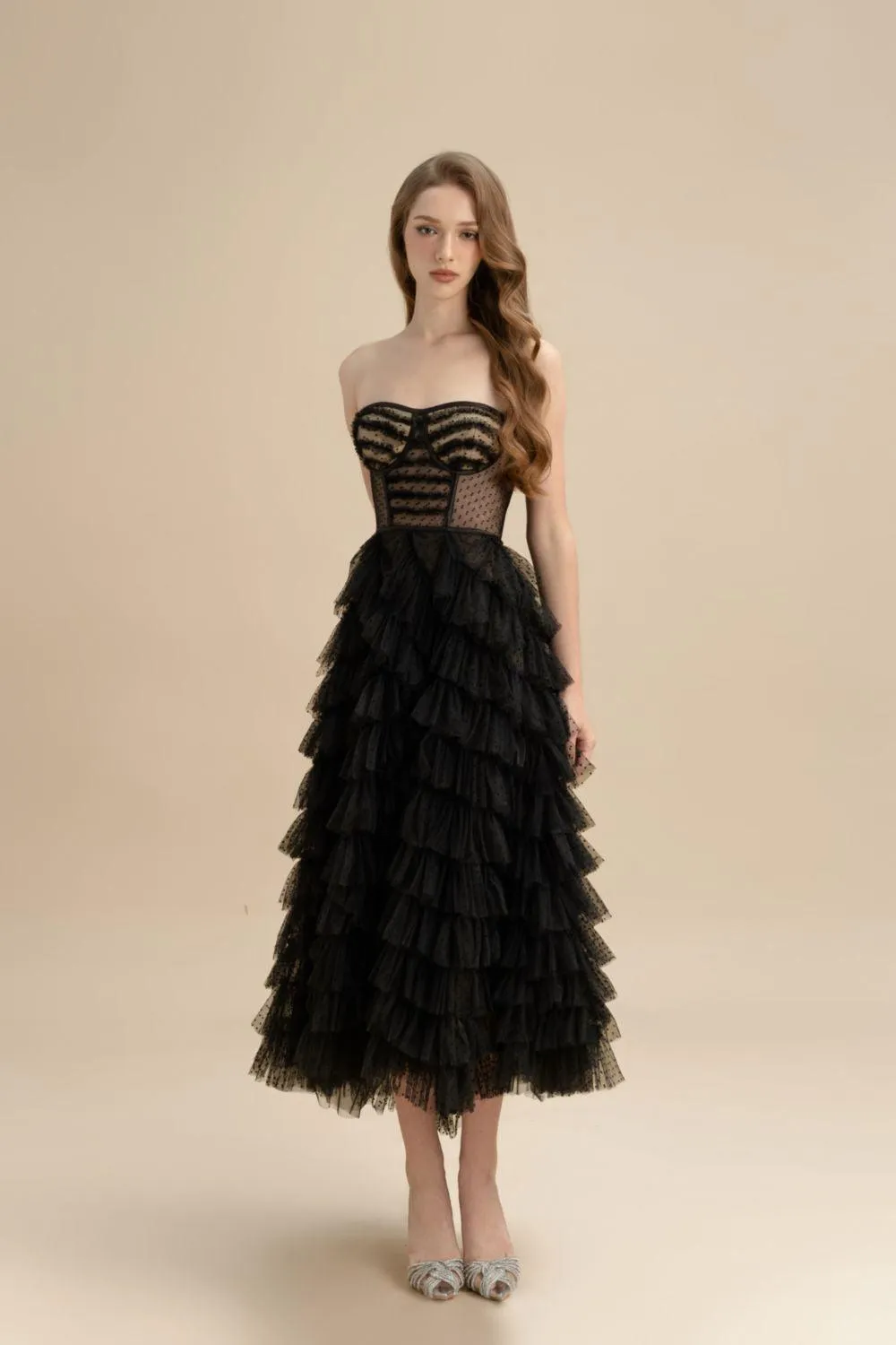 Delta Layered Semi-Heart Neck Tulle Midi Dress