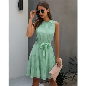 DressBetty - Sleeveless Sweet Pleated Pure Color Sashes Dress