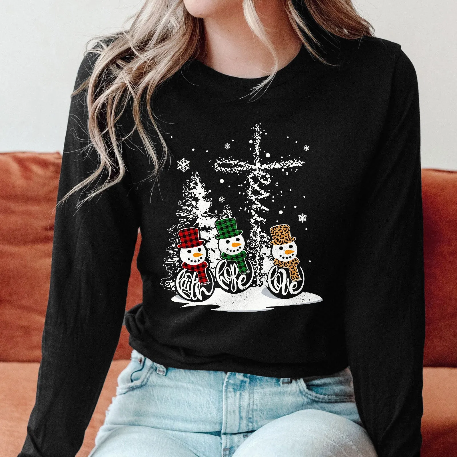 Faith Hope Love Jesus Snowman Christmas Long Sleeve