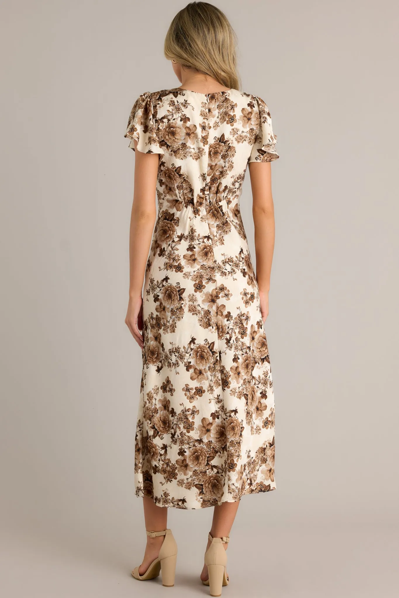 Finer Things Brown Floral Flutter Sleeve Maxi Dress