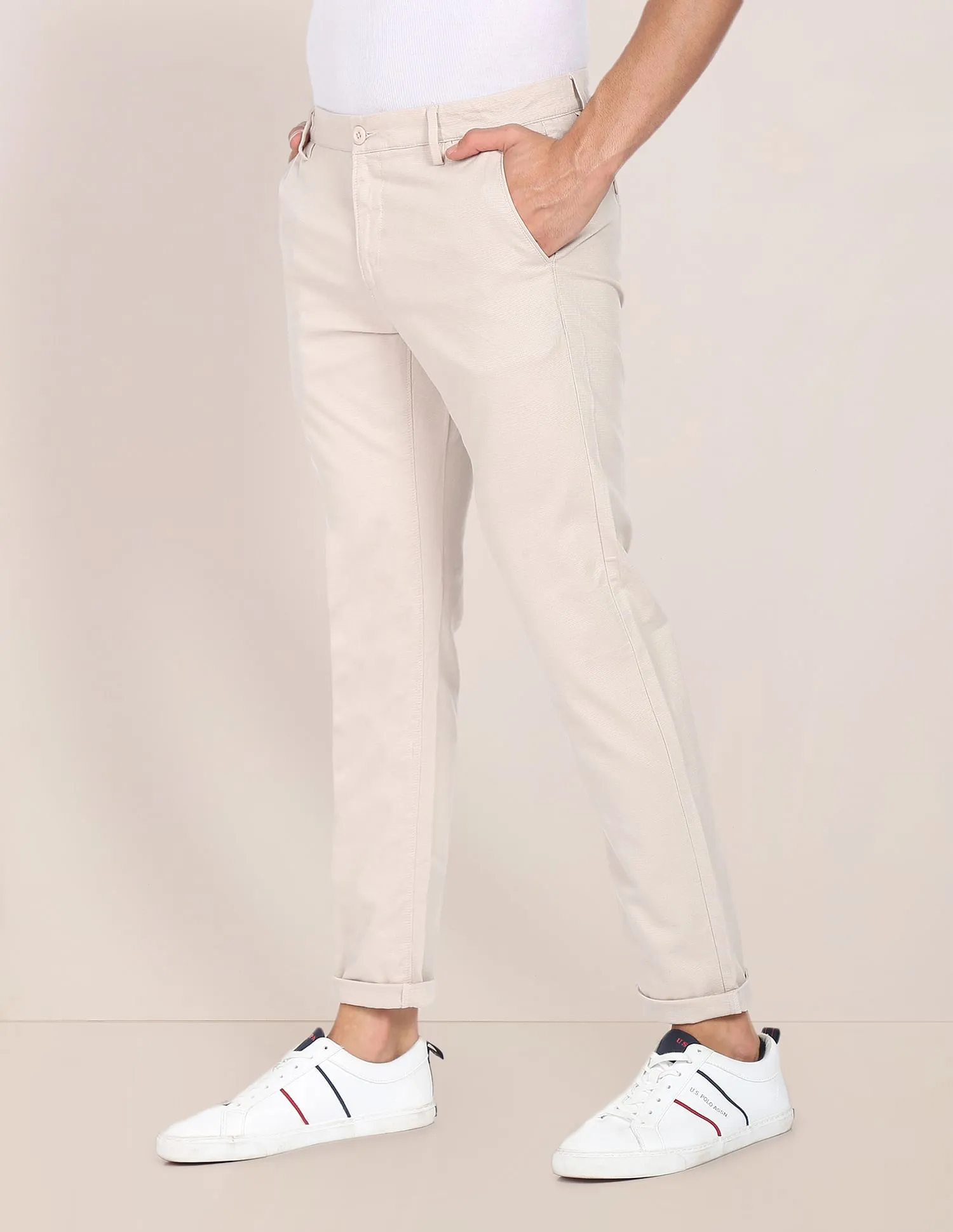 Flat Front Dobby Solid Casual Trousers