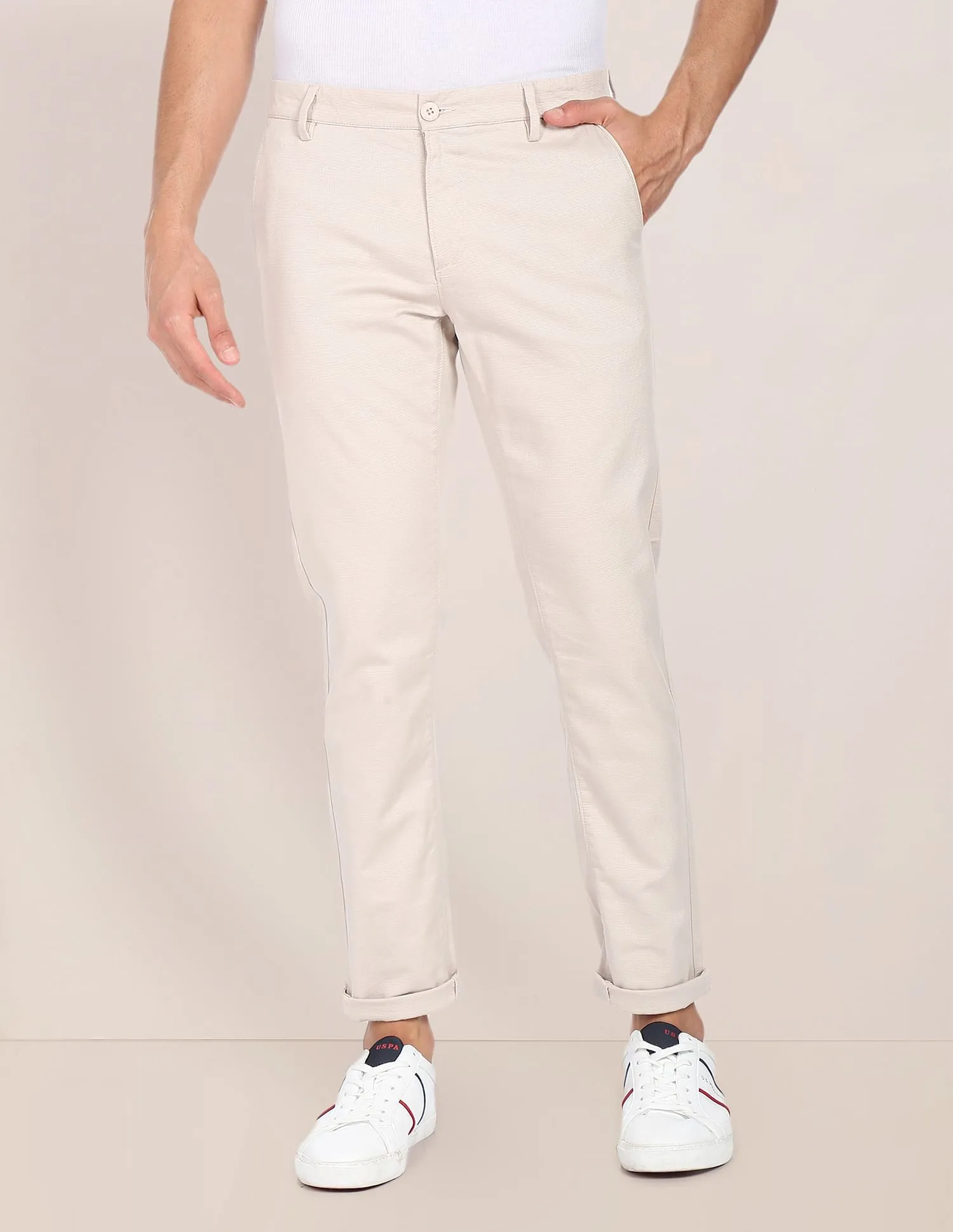 Flat Front Dobby Solid Casual Trousers