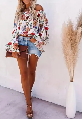 “Floral Paradise” Ruffle Trim, Flare Sleeve Loose Blouse