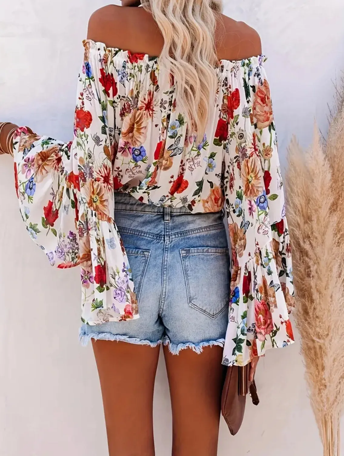 “Floral Paradise” Ruffle Trim, Flare Sleeve Loose Blouse