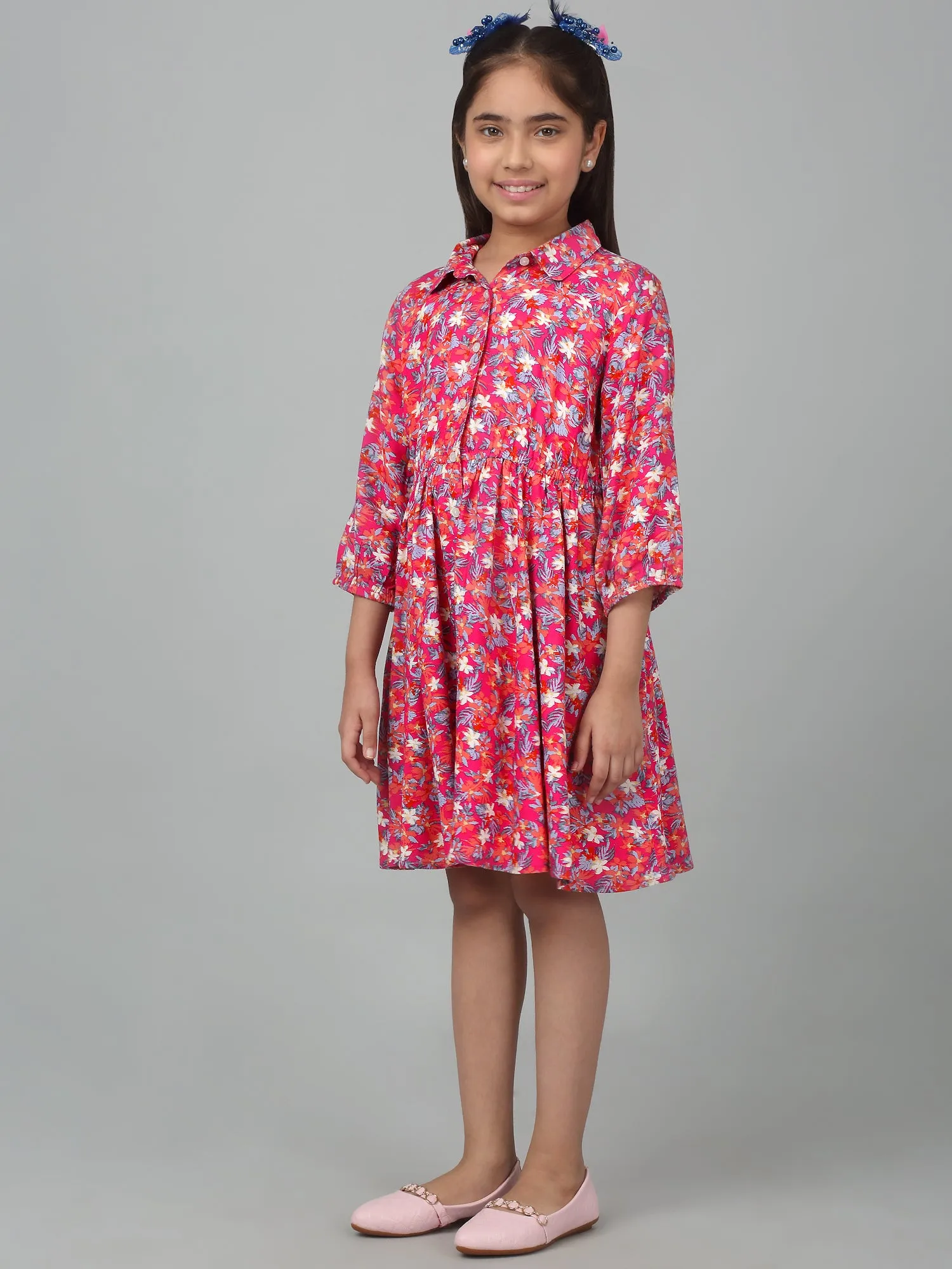 Girls Pink Above Knee Floral Printed Dress