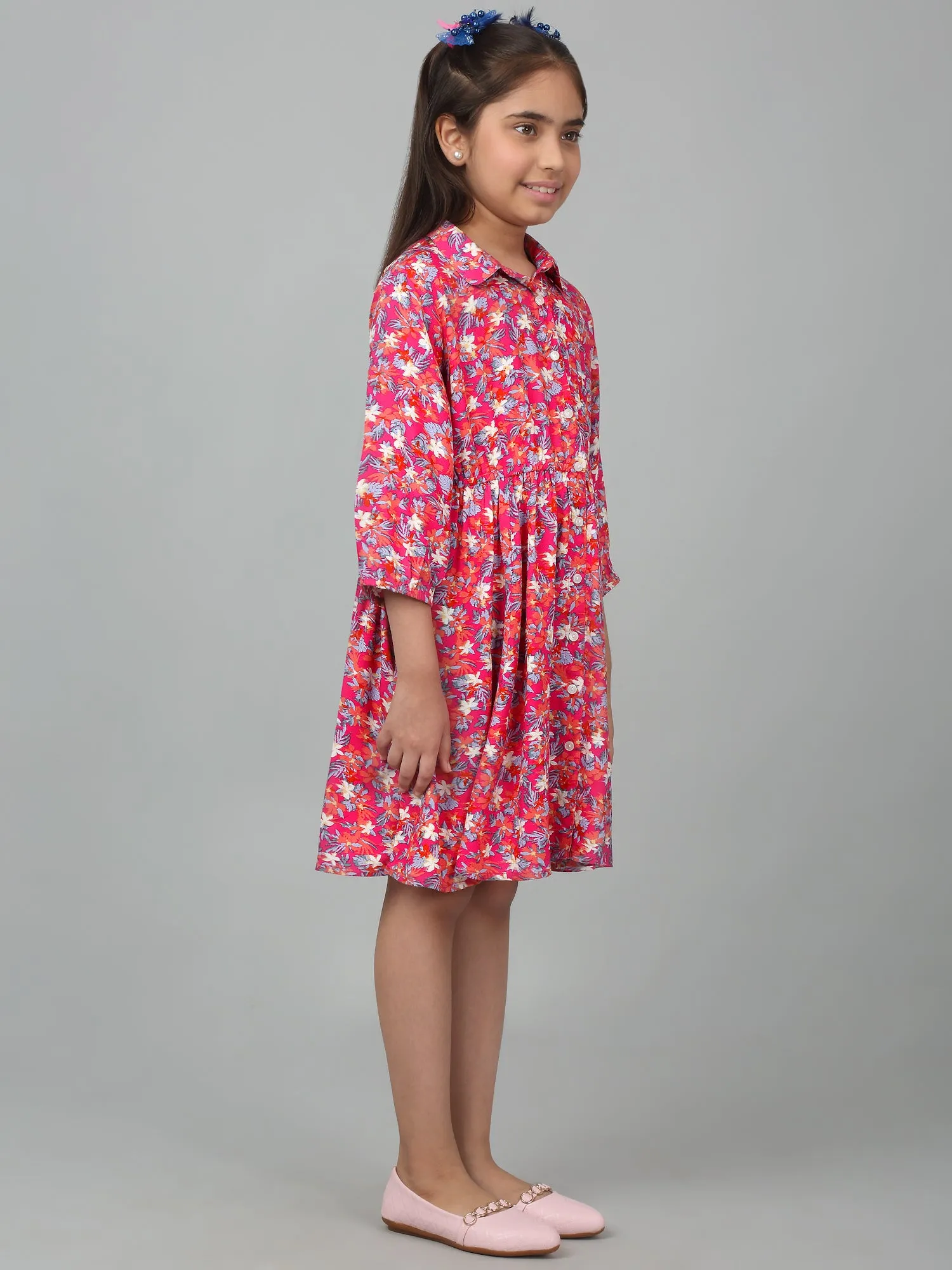 Girls Pink Above Knee Floral Printed Dress