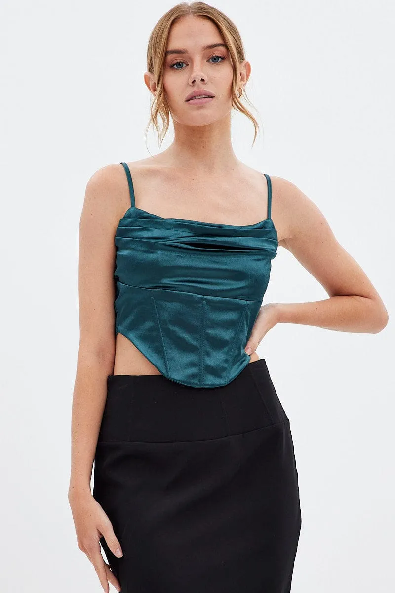 Green Corset Top Sleeveless Cowl Neck