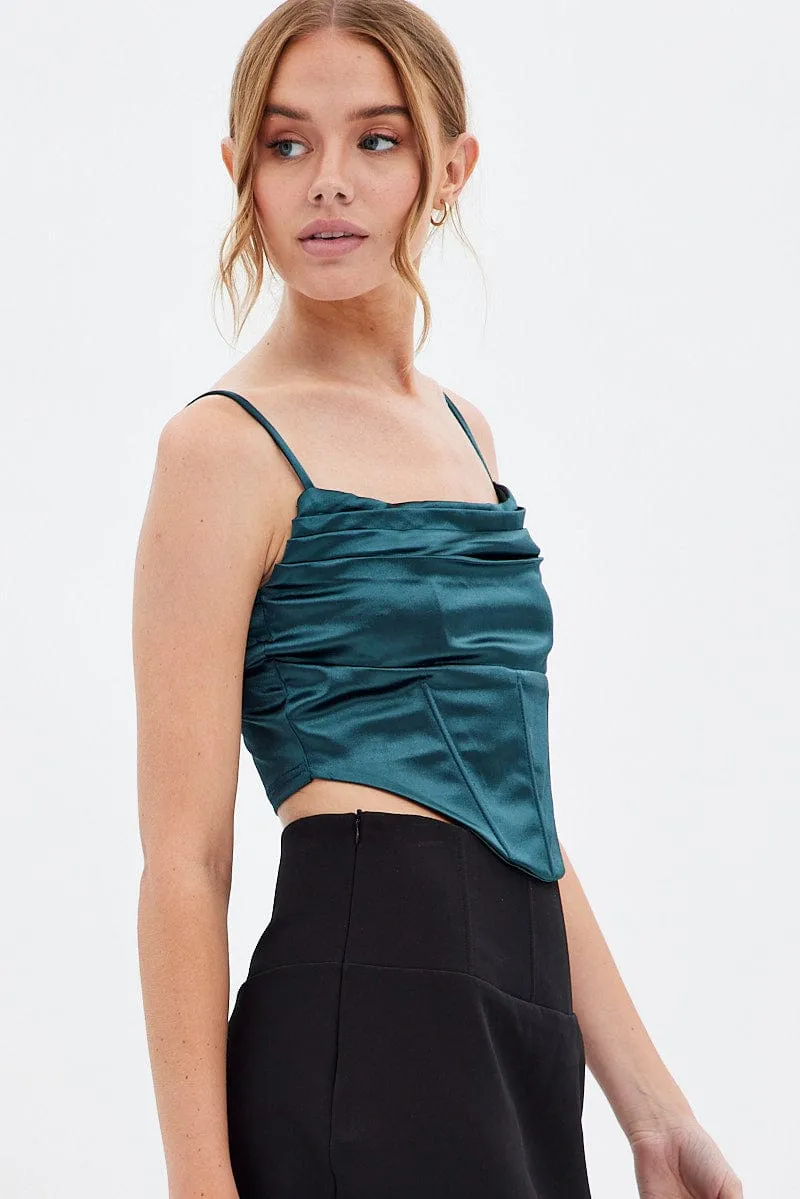 Green Corset Top Sleeveless Cowl Neck