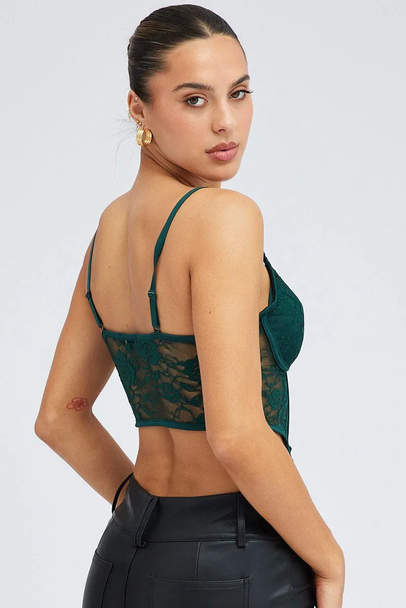 Green Corset Top Sleeveless Sweetheart Crop Garter Lace