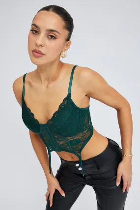 Green Corset Top Sleeveless Sweetheart Crop Garter Lace