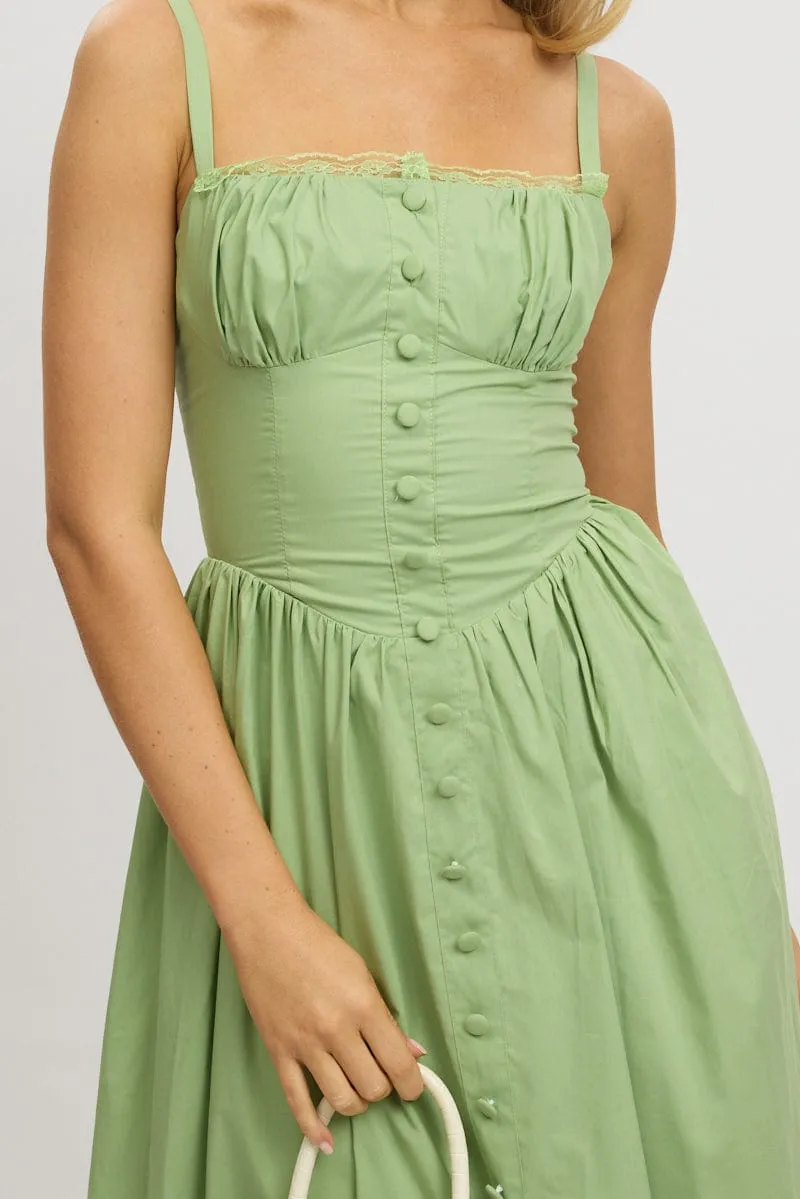 Green Midi Dress Lace Trim Corset Detail Poplin