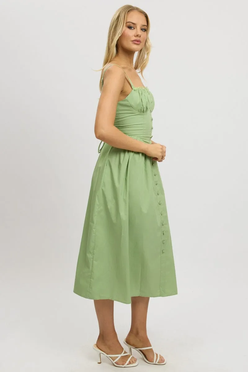 Green Midi Dress Lace Trim Corset Detail Poplin