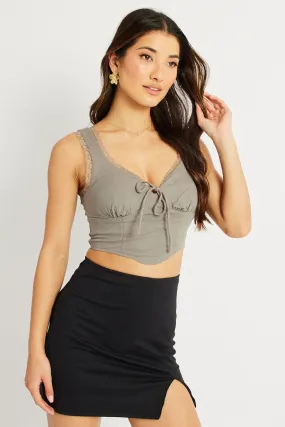 Grey Crop Top Sleeveless Corset Lace Trim