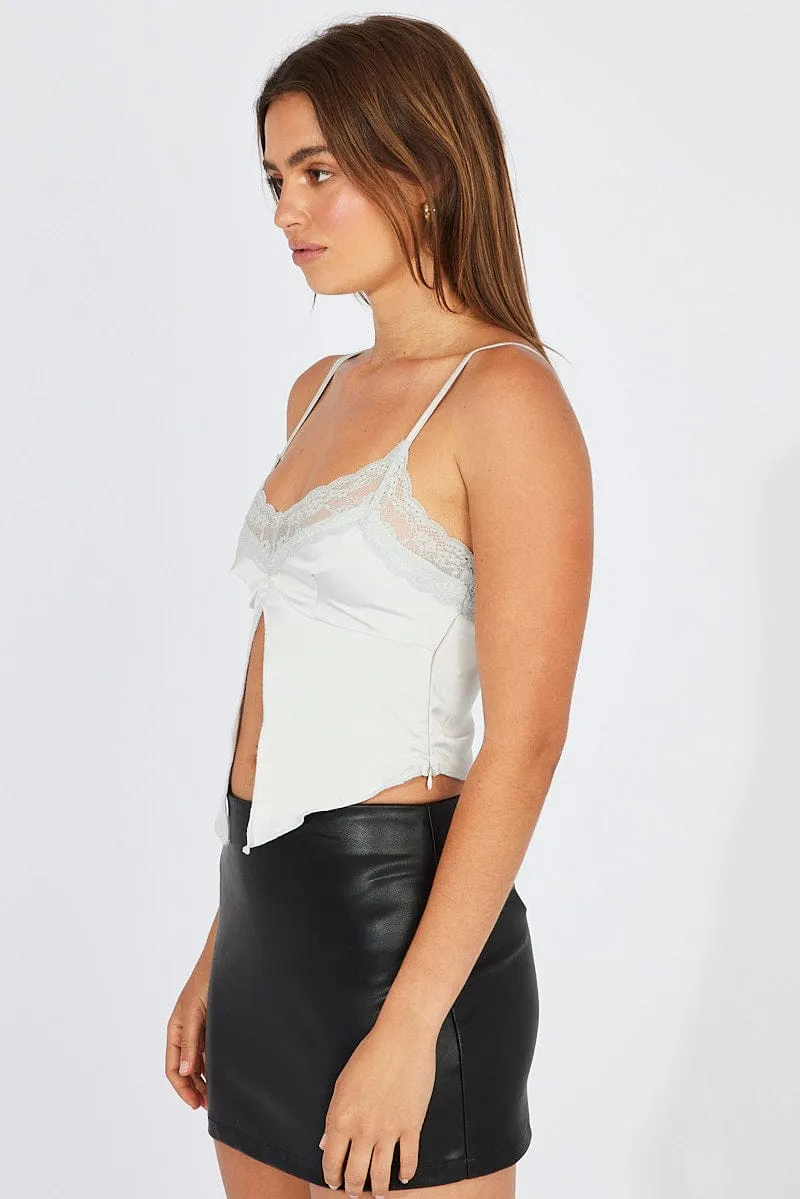 Grey Satin Cami Lace Trim Neck