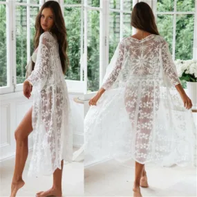 Hirigin Summer Women Mesh See-Through Bikini  Cover Dress  Fashion Cardigan Style Beach Boho Holiday White Loose Vestido