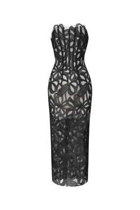 Jolie Strapless See-Through Lace Midi Dress